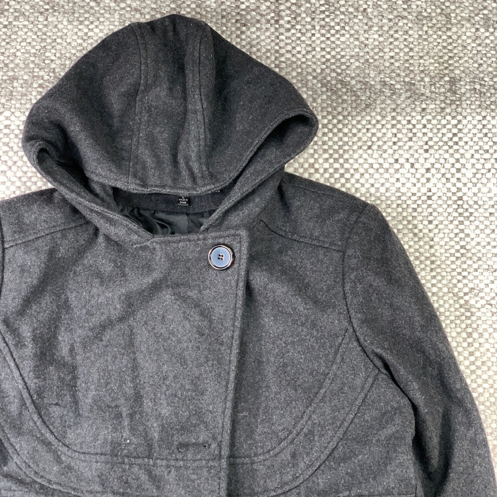 Giacca Pea Coat Women Large Charcoal Grey Wool Blend Hooded Winter Jacket